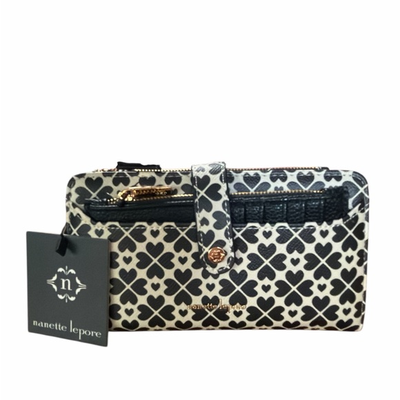 NANETTE LEPORE Fiona Logo Heart Geo Baguette Black Bag w/ Card Wallet Set - Picture 10 of 15